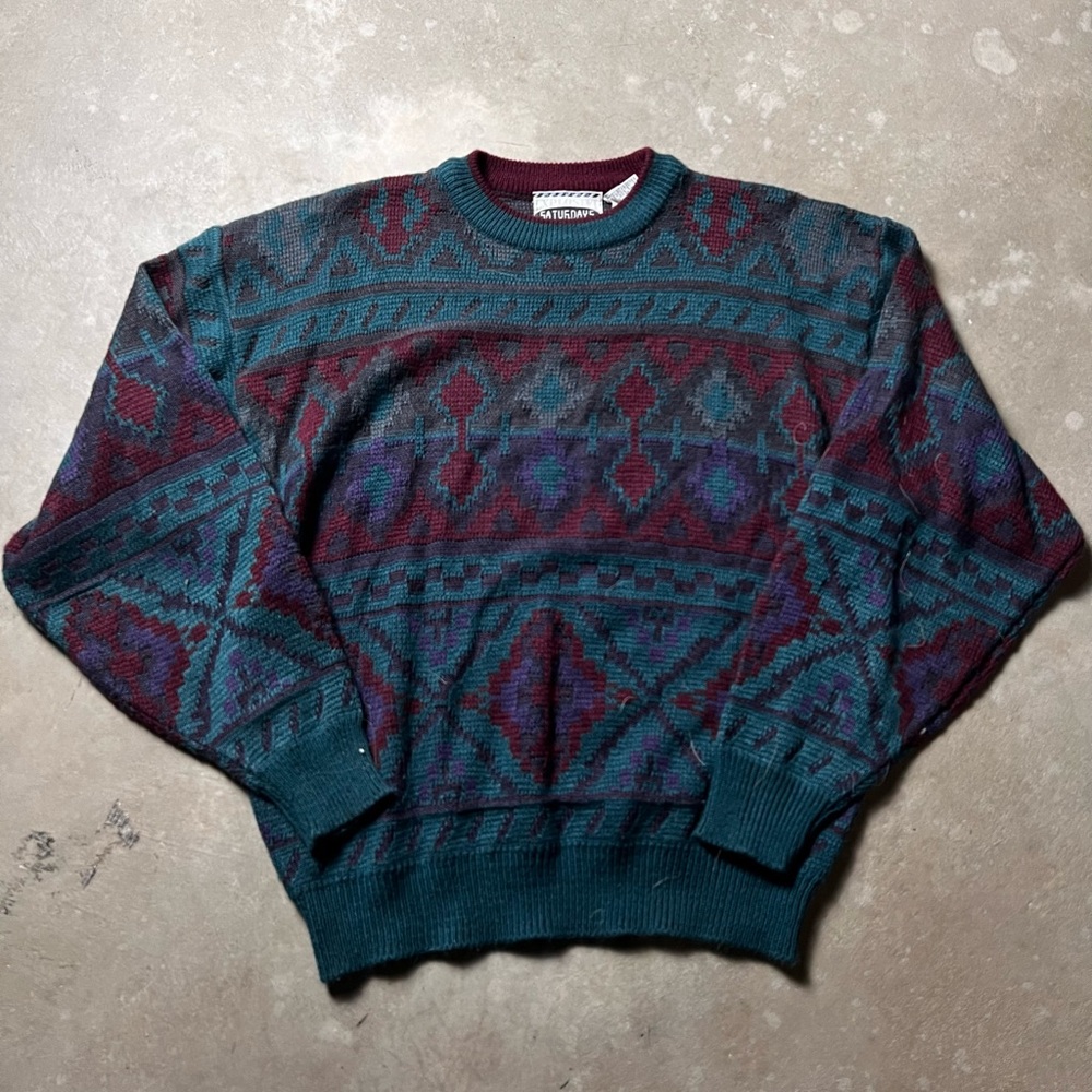 Vintage Patterned Sweater - Teal and Burgundy